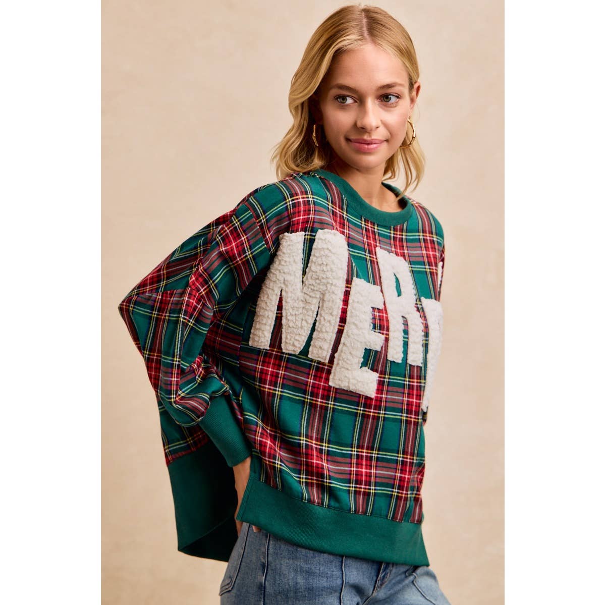 MERRY LETTER PATCHES CHRISTMAS PLAID SWEATSHIRT
