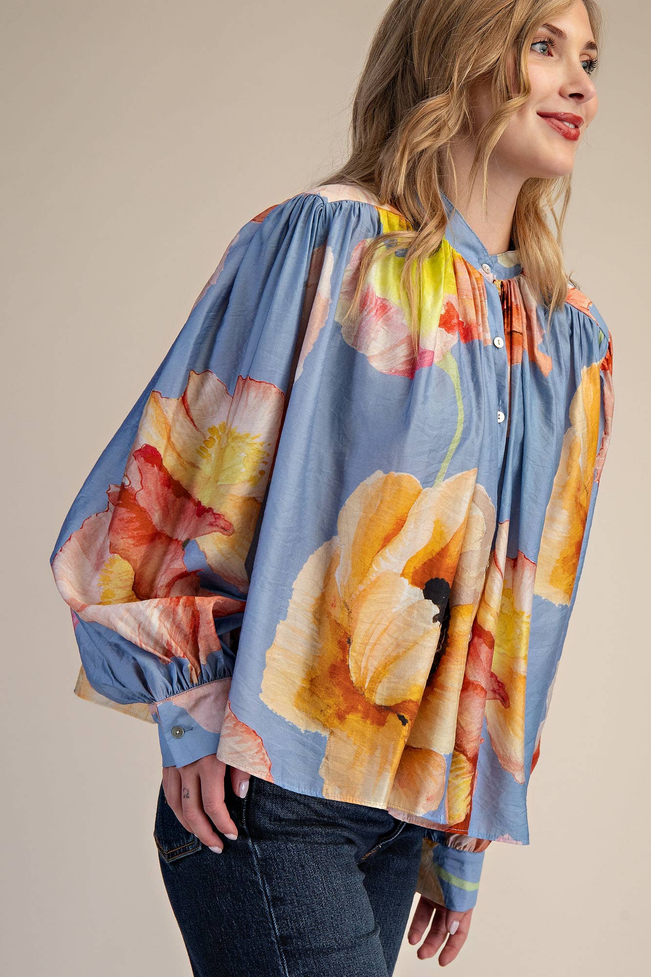 Neck Band Long Sleeve Voluminous Blouse