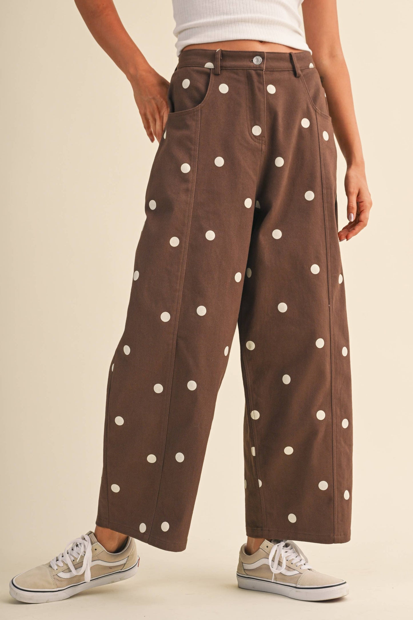 IP1390-C  POLKADOT STRETCH TWILL MID WAIST BARREL PANTS