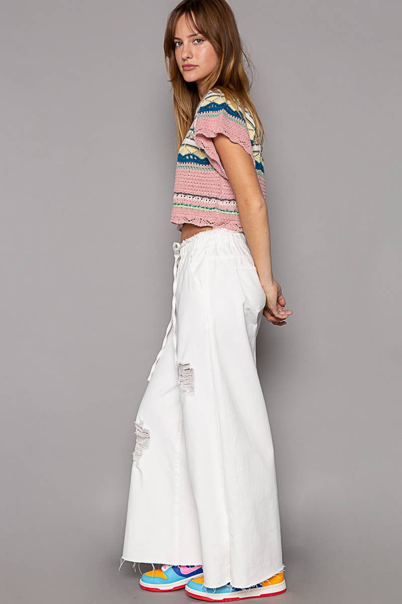 Wide Leg Drawstring Elastic Waist Distressed Denim Pants