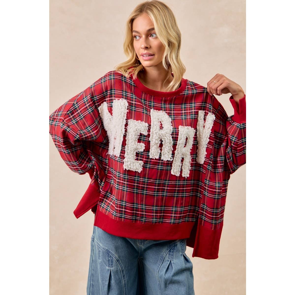 MERRY LETTER PATCHES CHRISTMAS PLAID SWEATSHIRT