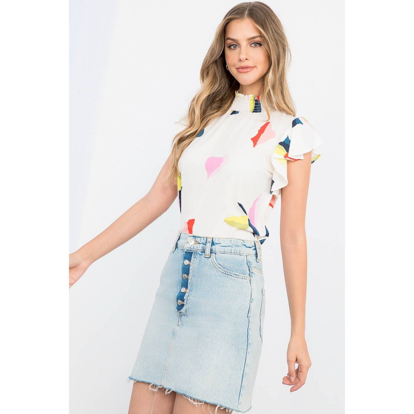 Flutter Sleeve Smocked Neck Top