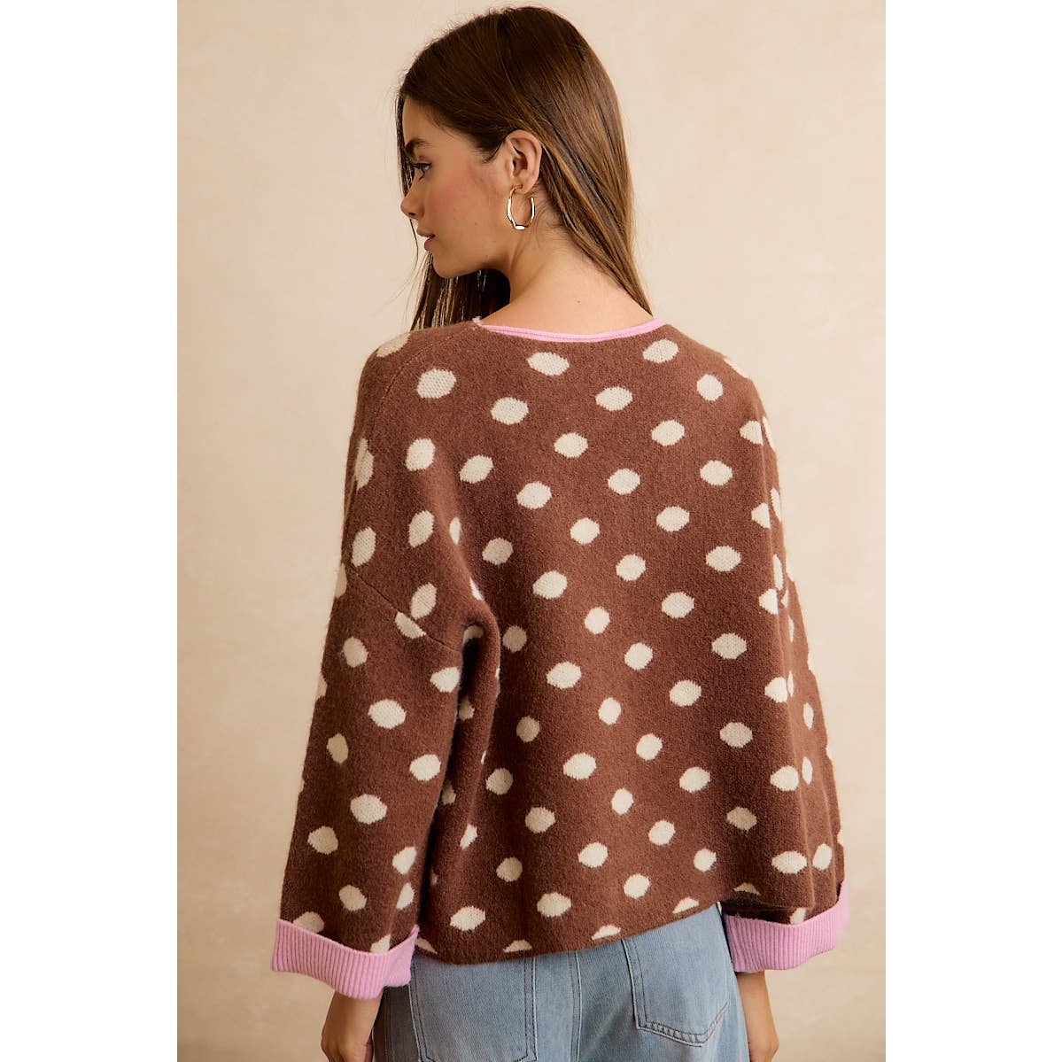 CONTRAST NECK AND ROLL UP DETAIL POLKA DOT SWEATER