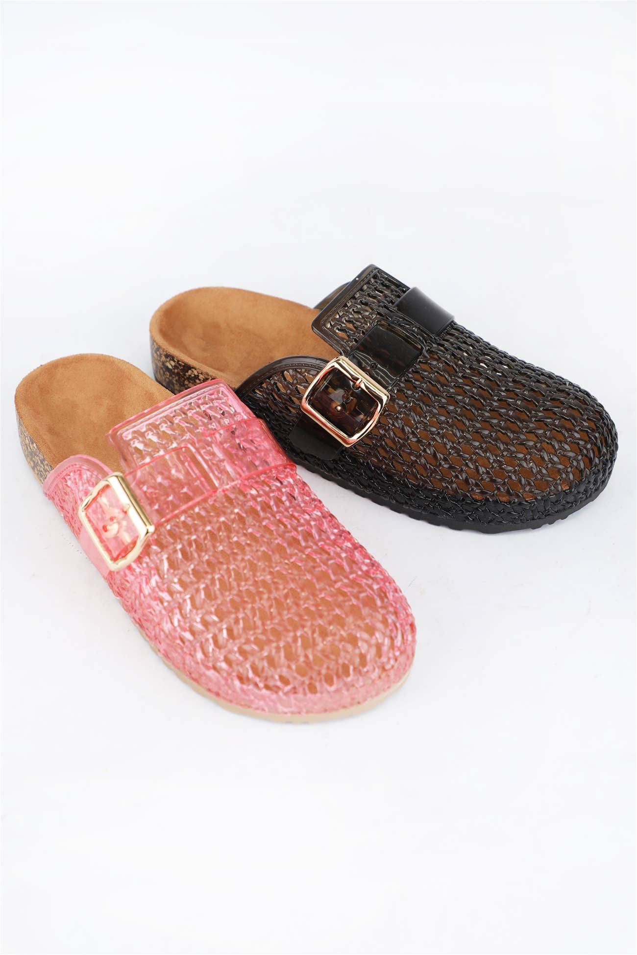 BETWEEN-5 JELLY WEAVE BUCKLE MULES