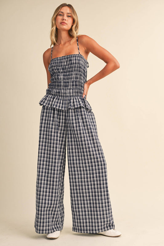 IJP3426-A  RUFFLED HEM SMOCKED TOP PLAID WIDE LEG JUMPSUIT