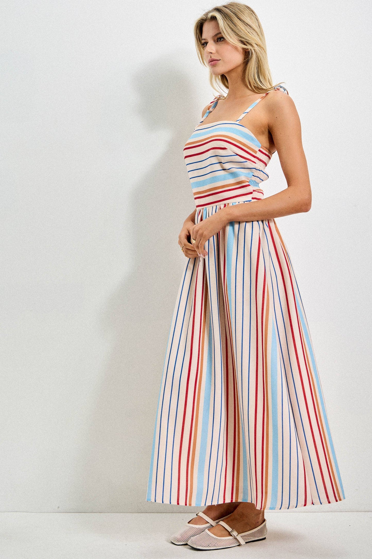 STRIPED SPAGHETTI STRAP MIDI DRESS
