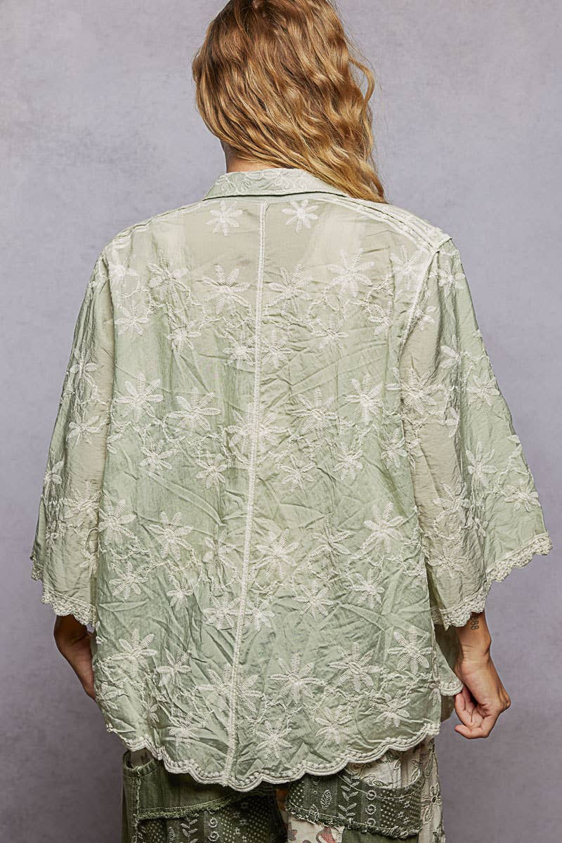 Scalloped Edges Embroidered Floral Half Sleeve Shirt