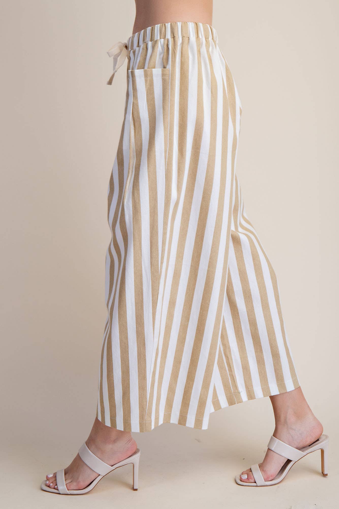 Stripe Wide Pants With Elastic Band Drawstring and Pockets