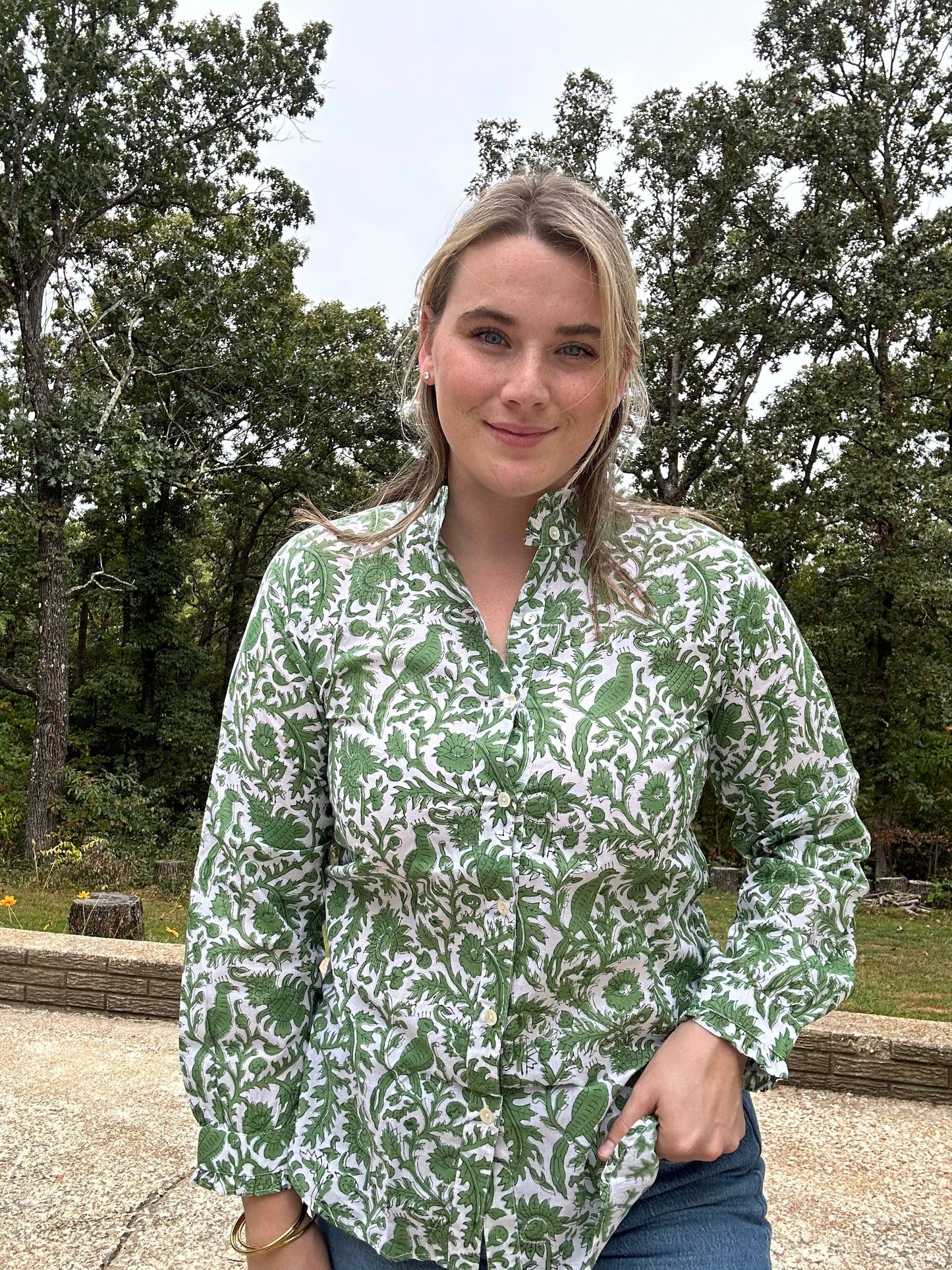 Peacock Block Print Ruffled Collared Womens Blouse