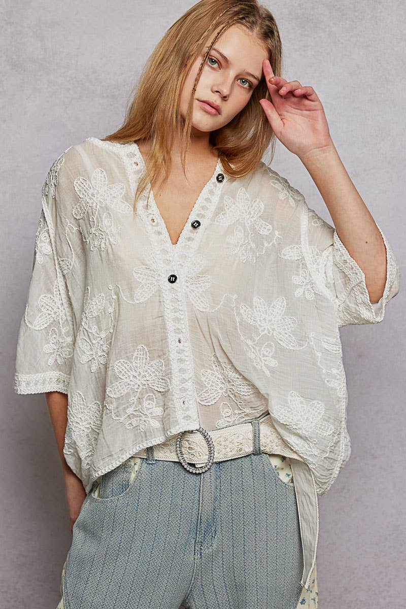 Short Sleeve Border Floral Embroidery Crochet Top