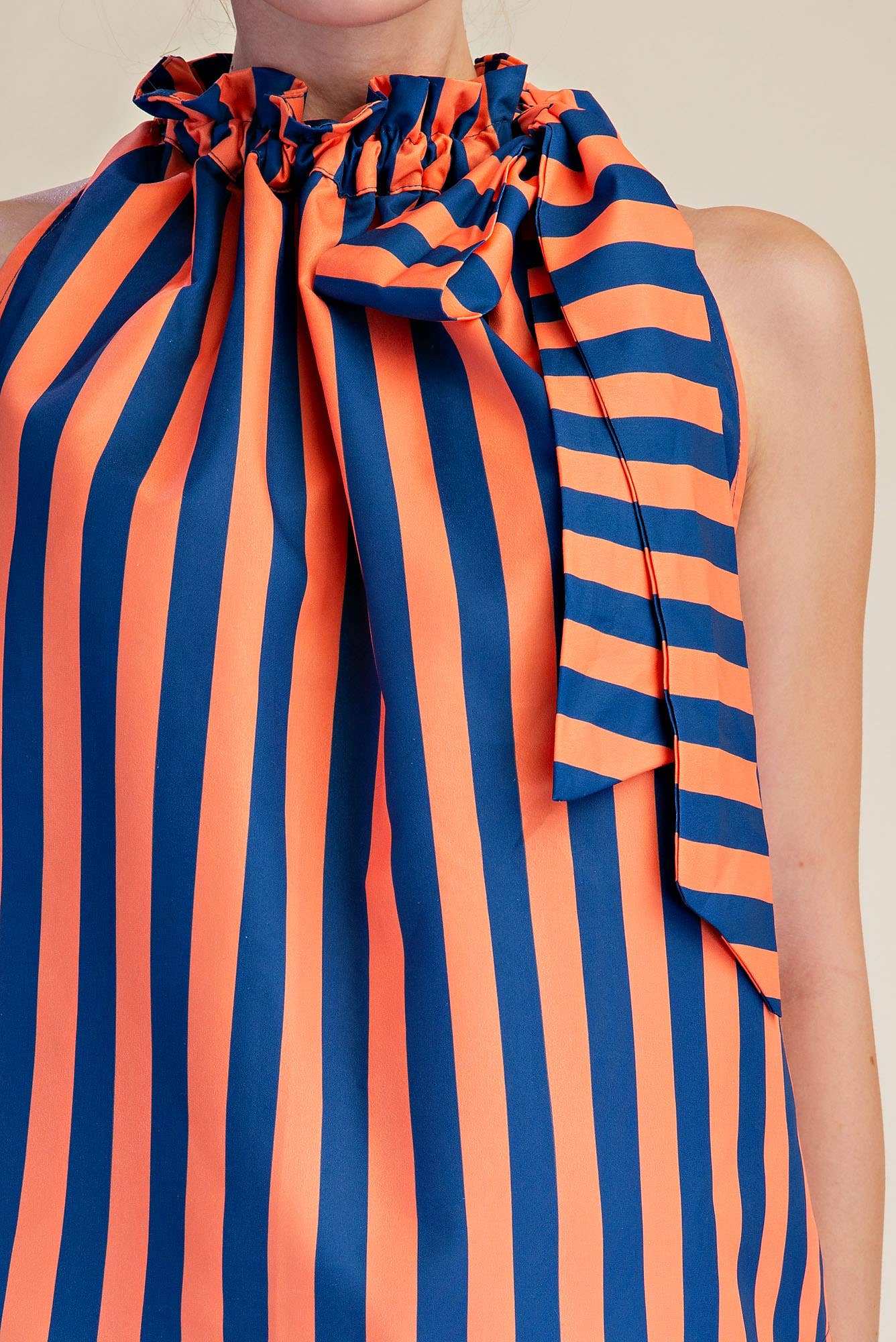Ruffle Neck Tie Sleeveless Stripe Top