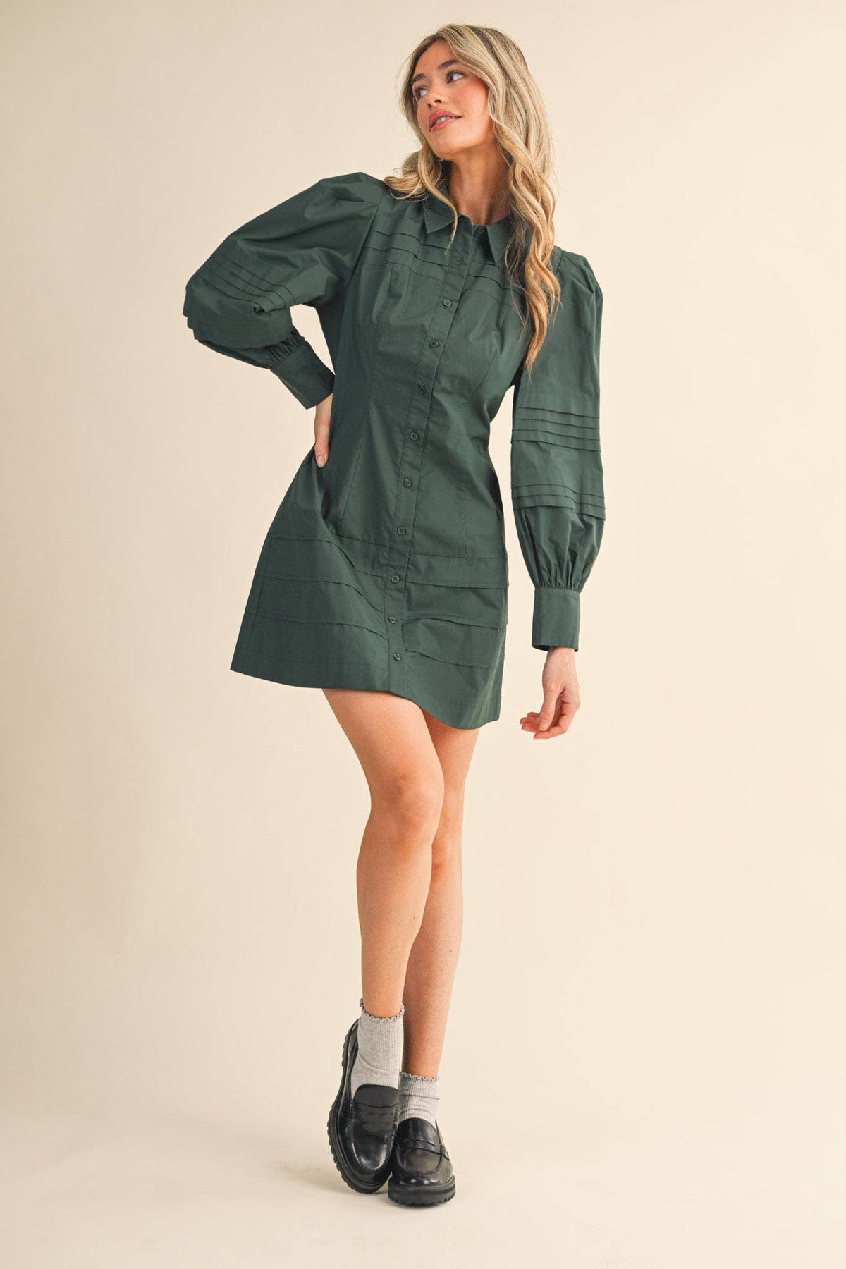 PIN TUCK DETAIL BUTTON DOWN MINI DRESS MDR4328