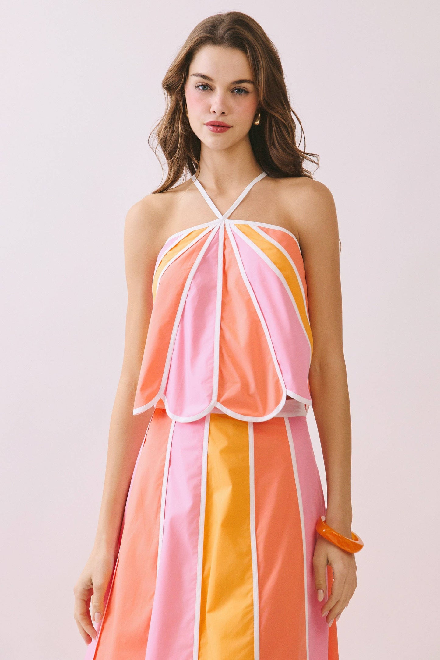 CT9722-Color Block Scalloped Edges Detail Halter Top