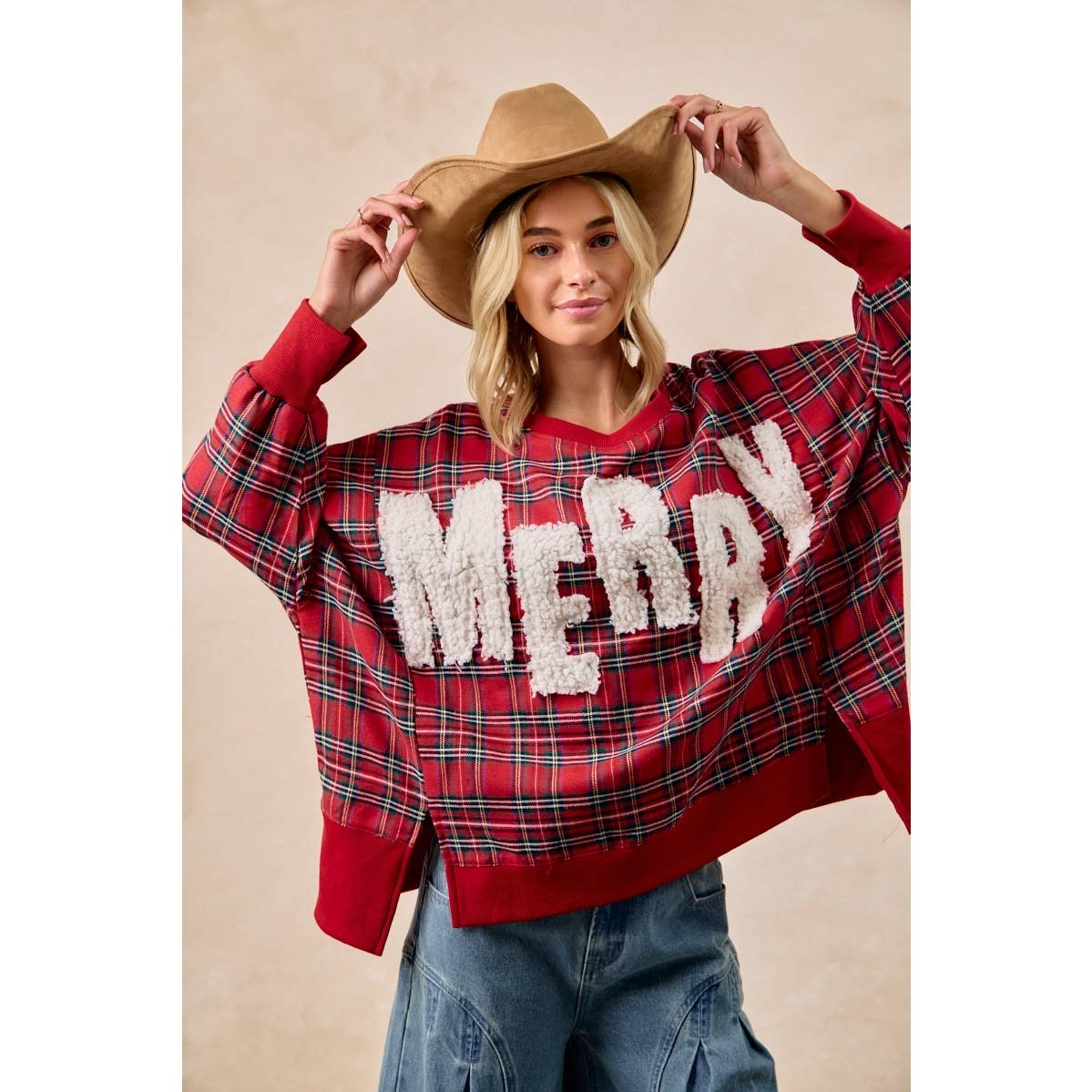 MERRY LETTER PATCHES CHRISTMAS PLAID SWEATSHIRT