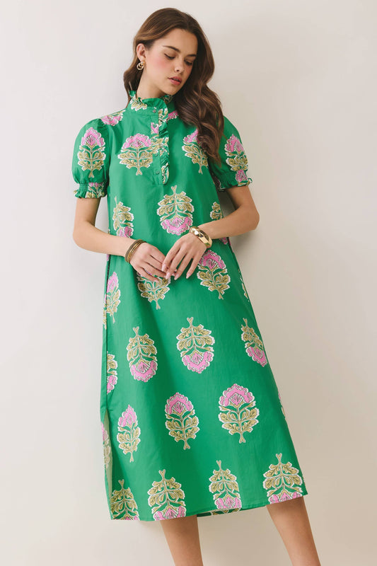 CD06970-Floral Print Ruffle Collar Button Down Midi Dress