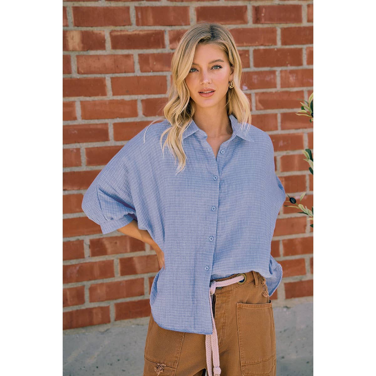 DENIM BLUE GAUZE OVERSIZED BUTTON DOWN SHIRT