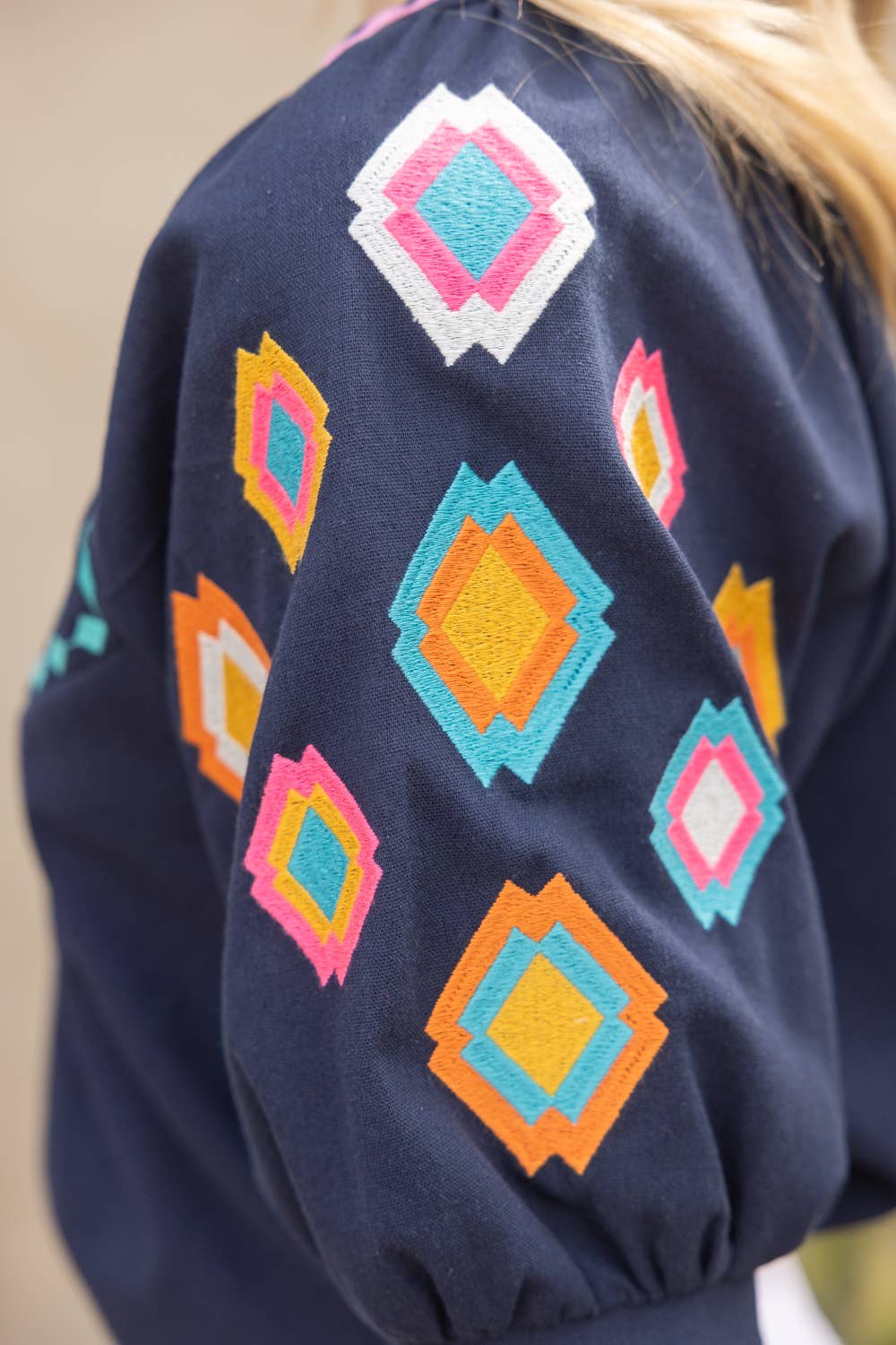 Geometric Embroidered Puff Sleeve with Zig Zag Trim To