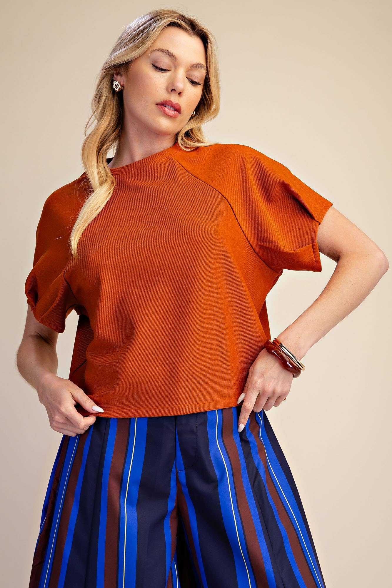 Round Neck Puff Short Sleeve Pullover Top