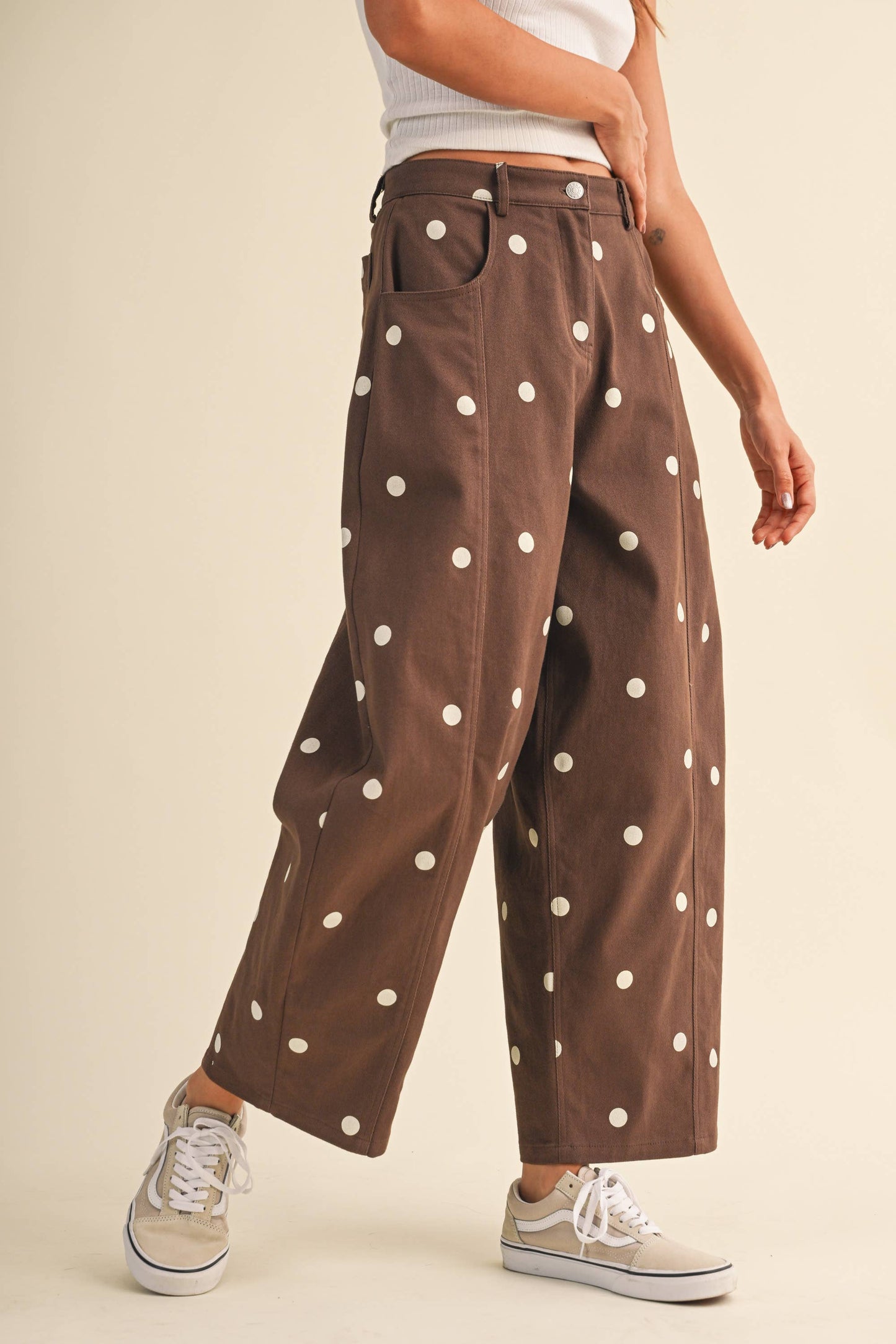 IP1390-C  POLKADOT STRETCH TWILL MID WAIST BARREL PANTS