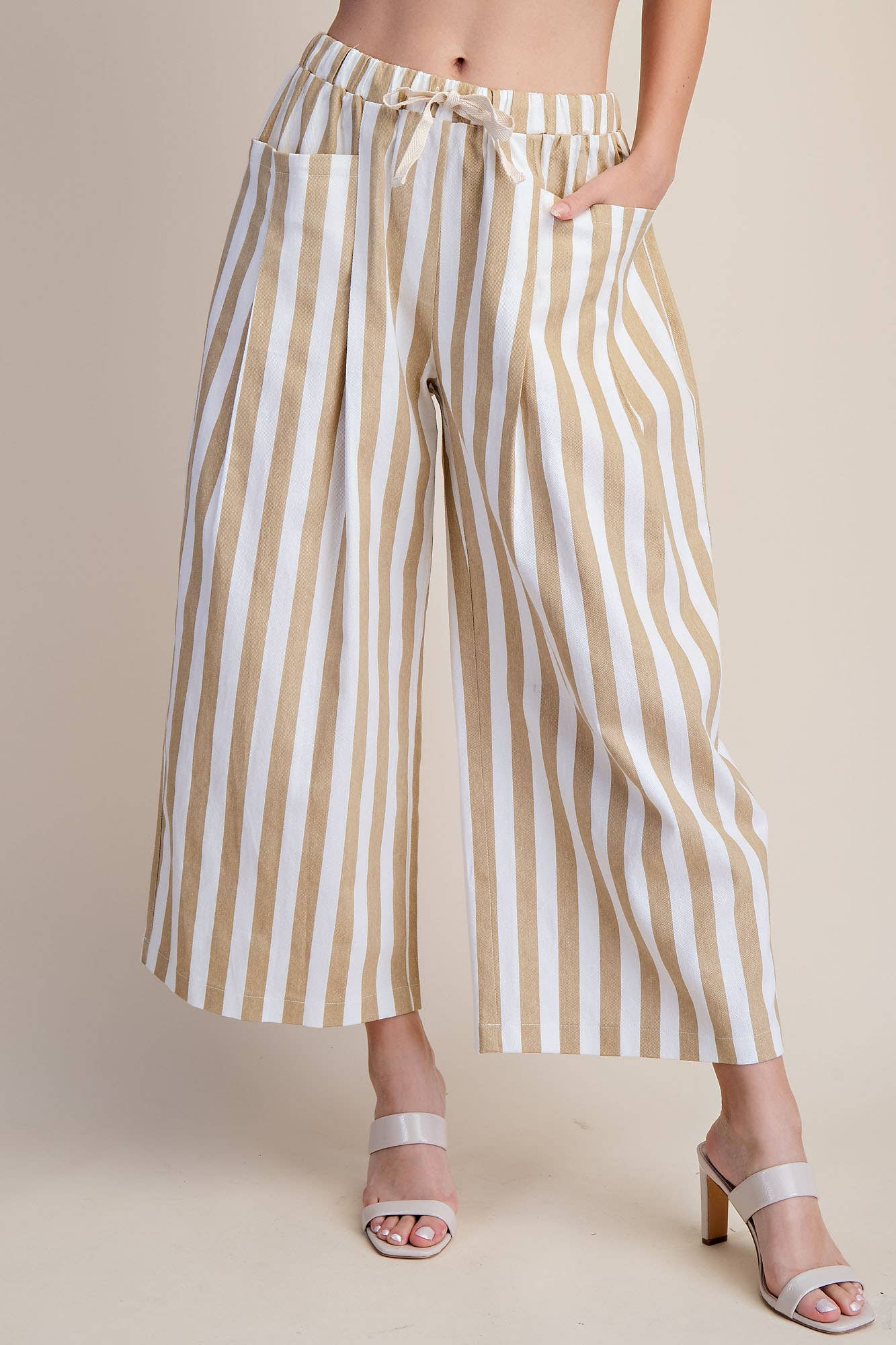 Stripe Wide Pants With Elastic Band Drawstring and Pockets