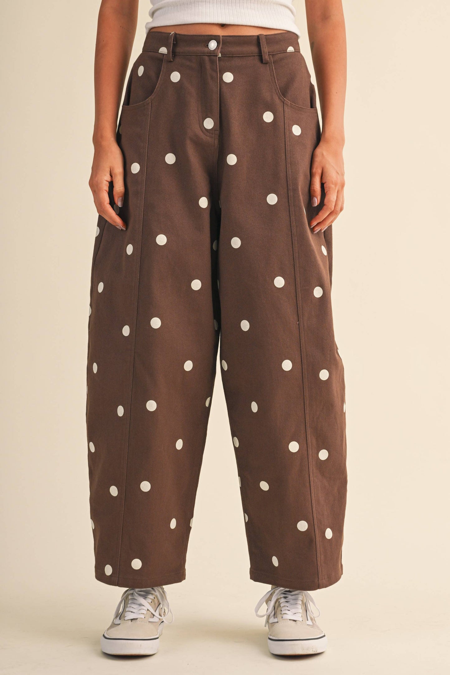 IP1390-C  POLKADOT STRETCH TWILL MID WAIST BARREL PANTS