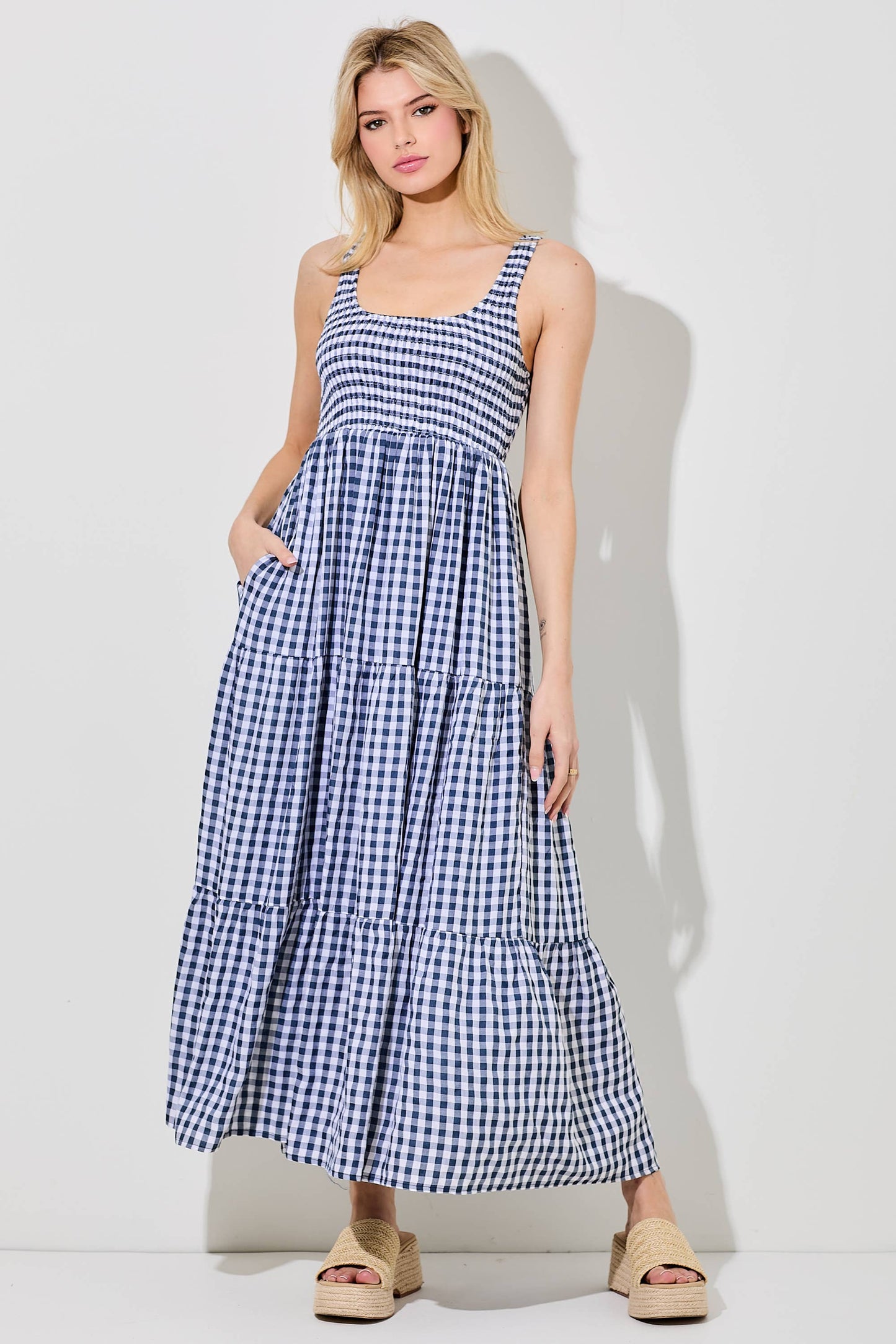SMOCKED BODICE GINGHAM MAXI DRESS