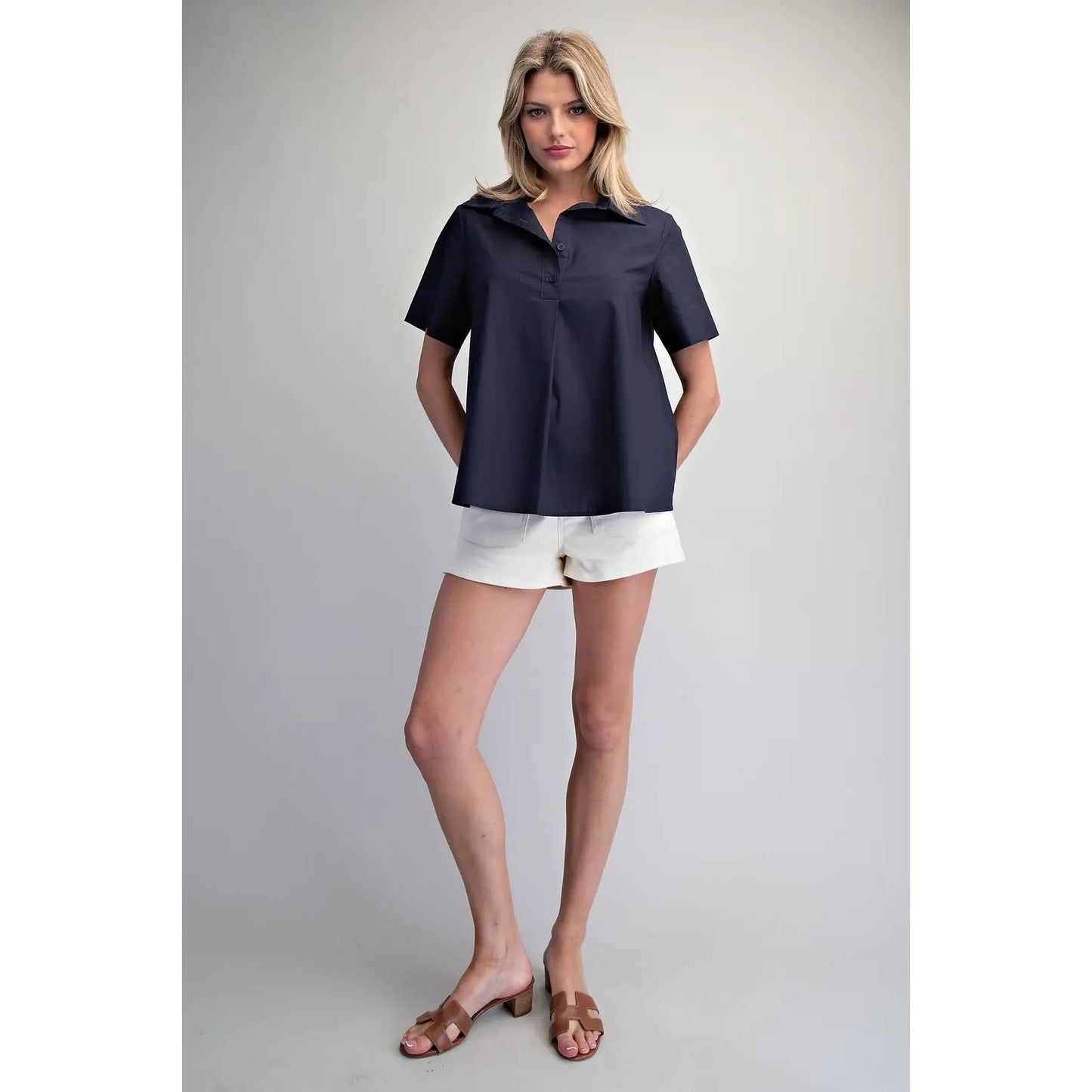 NEW Solid Collared Short Sleeve Blouse