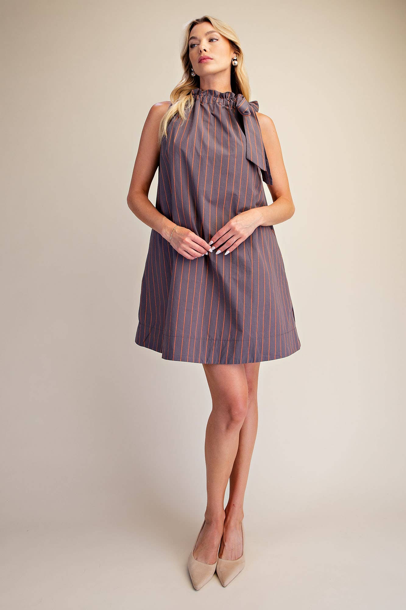 Stripe Mini Dress Ruffle Neck Adjustable Tie Sleeveless