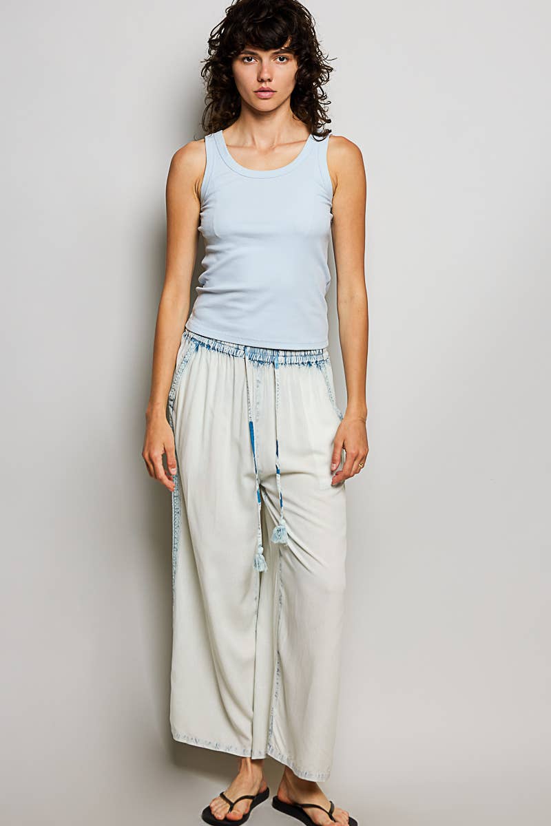 Vintage Washed Embroidered Trim Tassel Wide Leg Pants