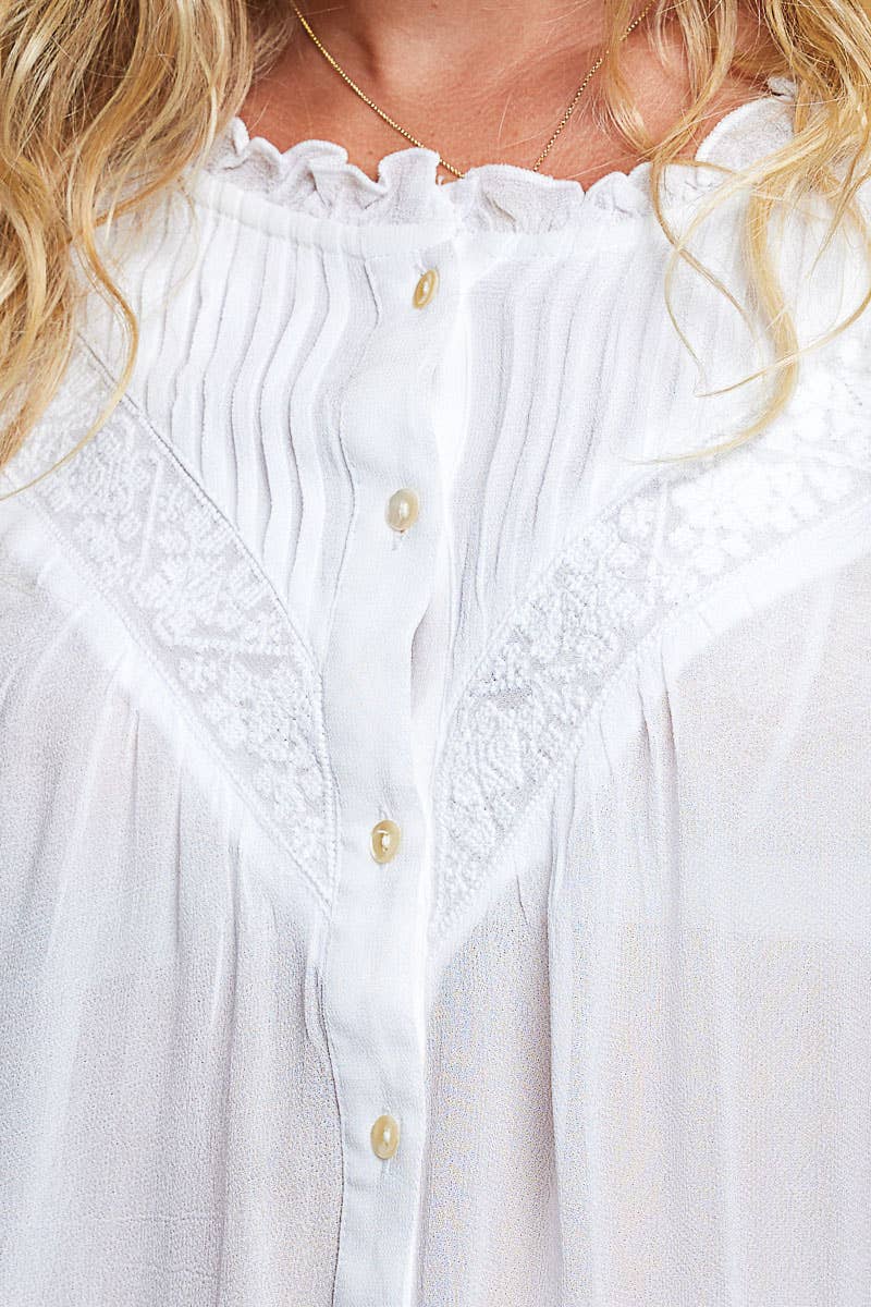 Vintage Washed Ruffle Neck Embroidered Cotton Blouse