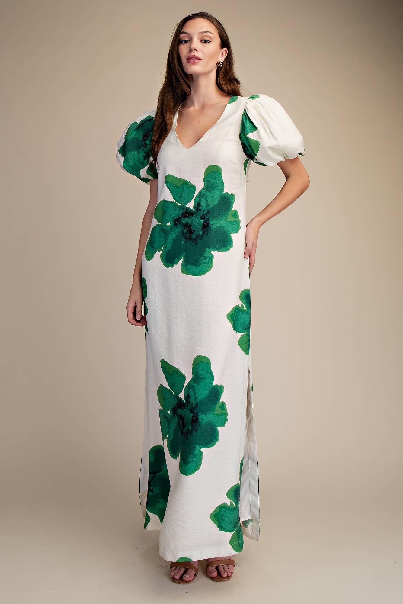 Puff-Sleeve A-Line Maxi Dress