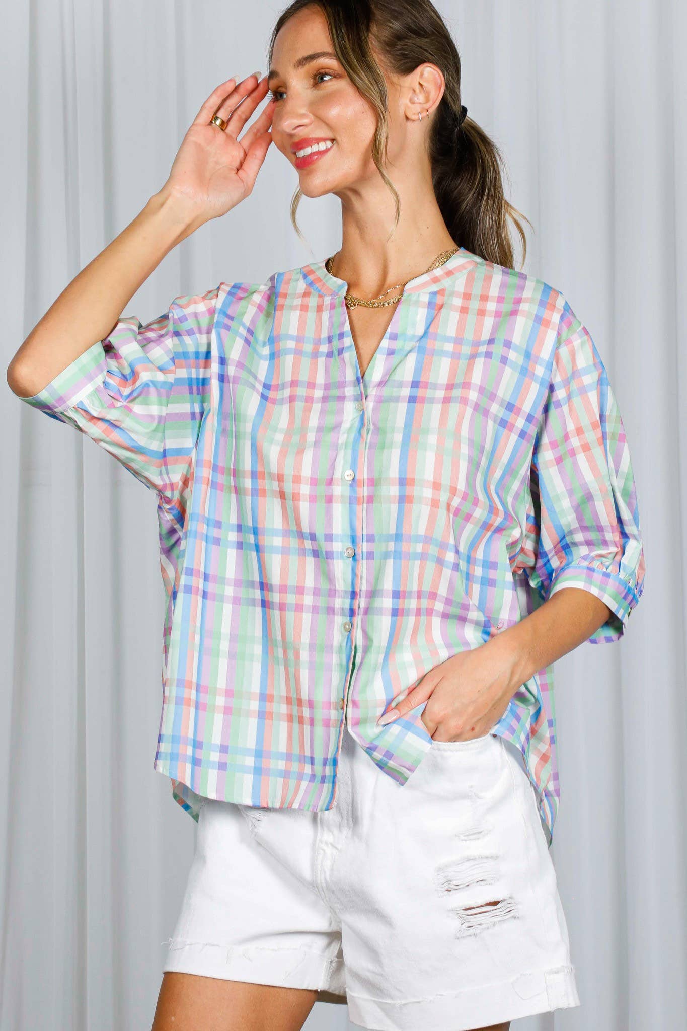 V-Neck Half Puff Sleeve Plaid 100%Cotton Blouse VT81945K