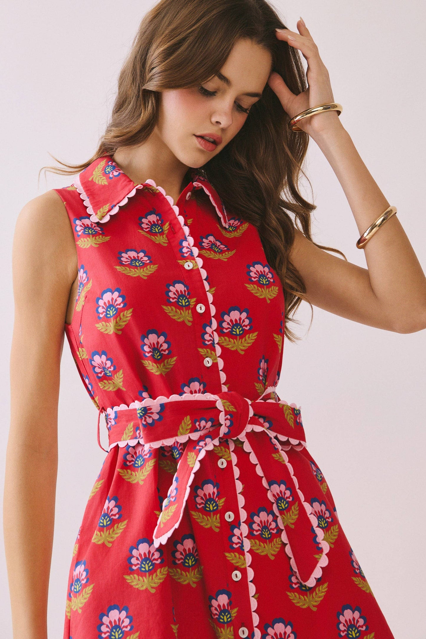 CD06056-Floral Print Contrast Scalloped Trim Detail Dress
