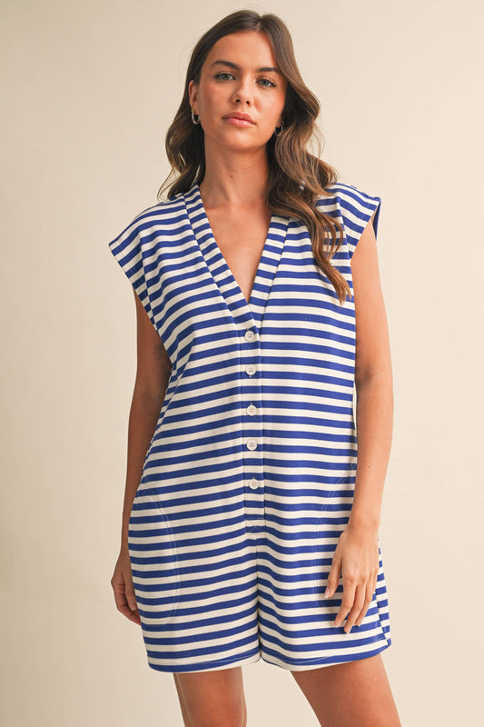 IR2384  SHORT SLEEVE STRIPED BUTTON DOWN ROMPER