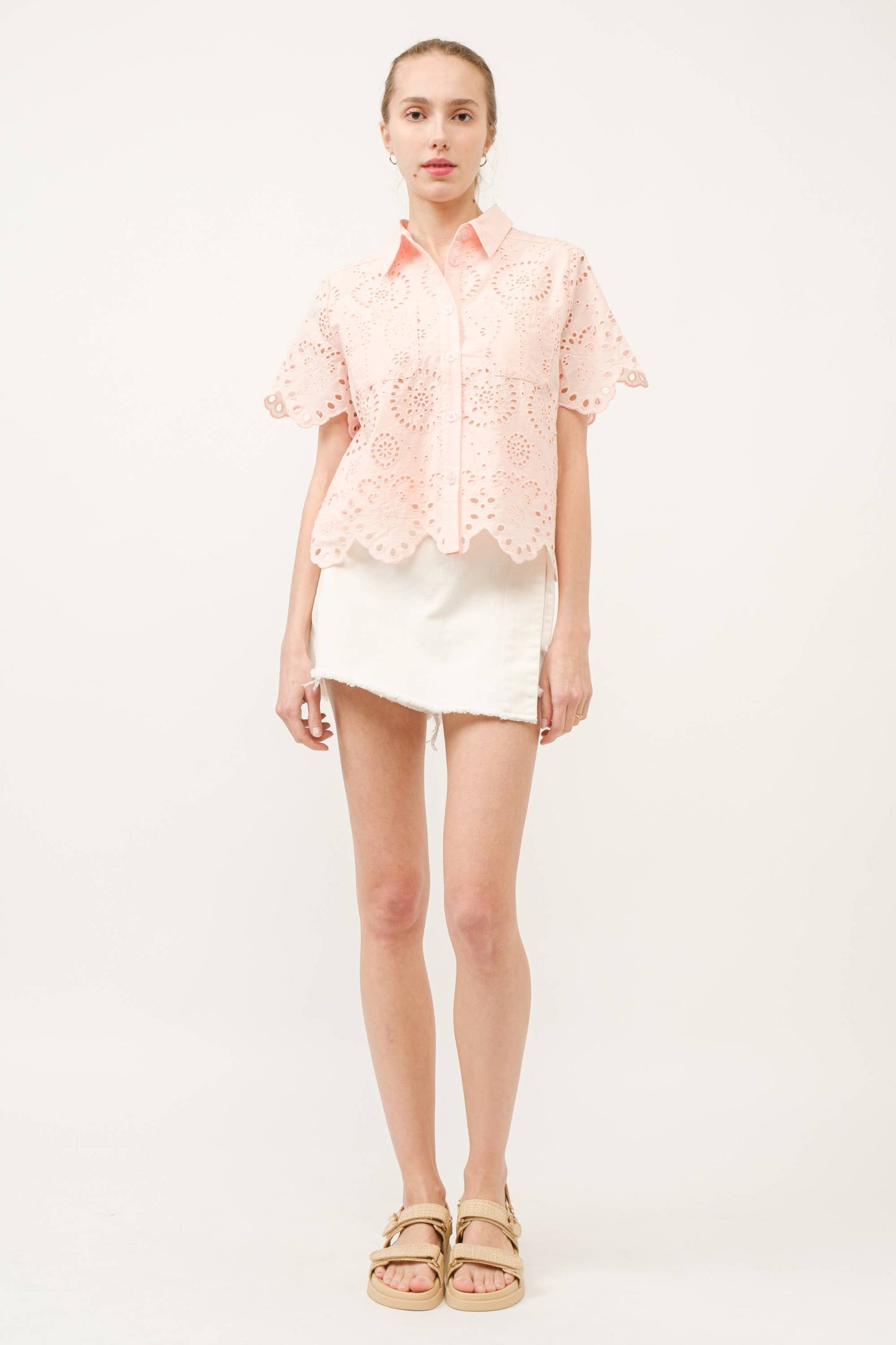 MAT2738 SCALLOP EGDE LACE BUTTON DOWN SHIRTS