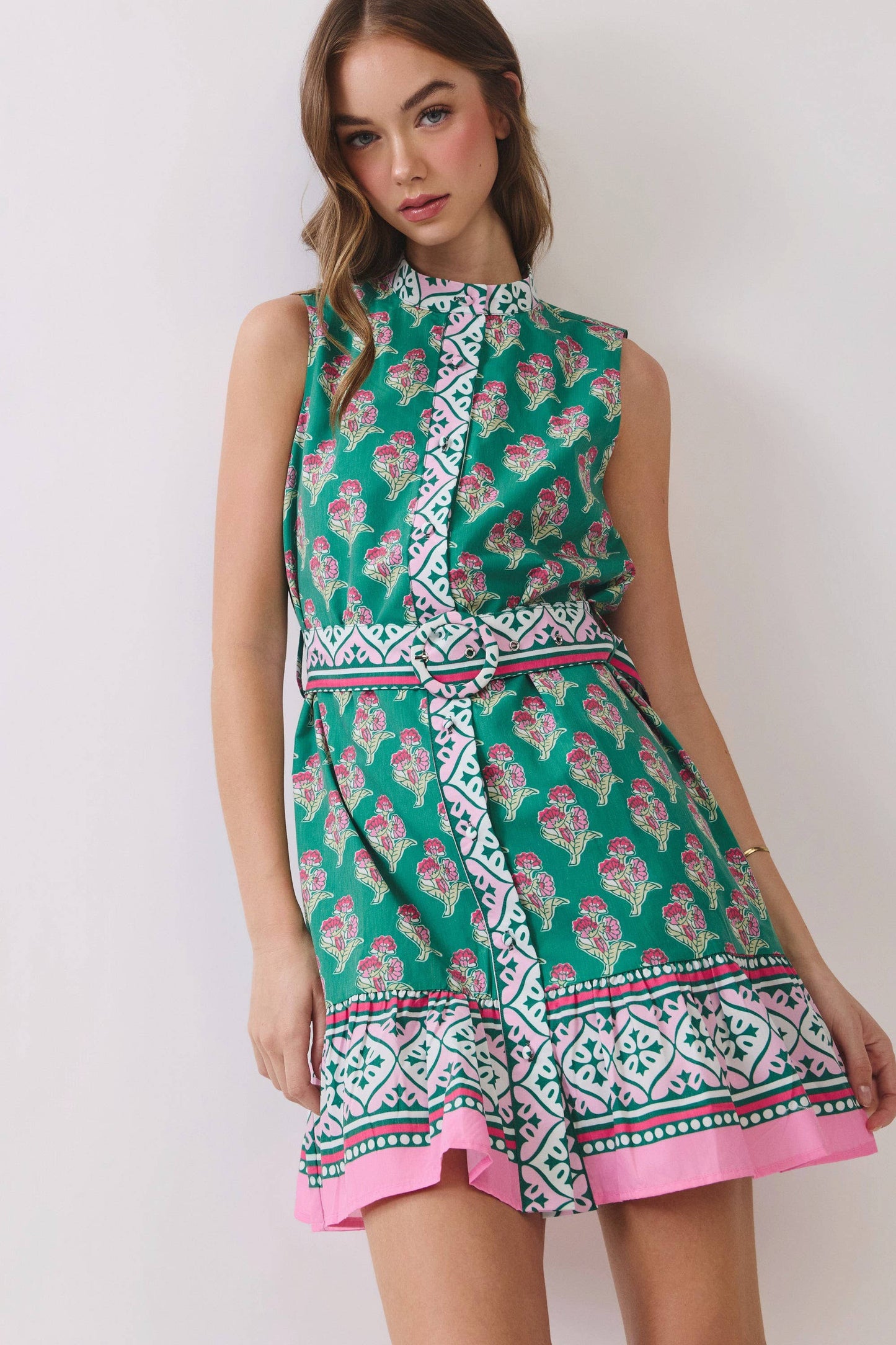 CD07193-Floral Border Print Belted Mini Dress