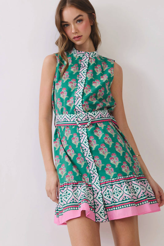 CD07193-Floral Border Print Belted Mini Dress