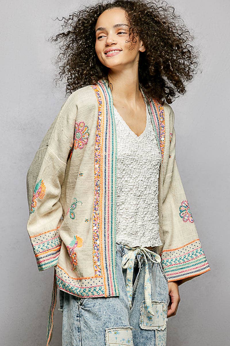 Long Sleeve Kimono Spangle Embroidered Open Cardigan