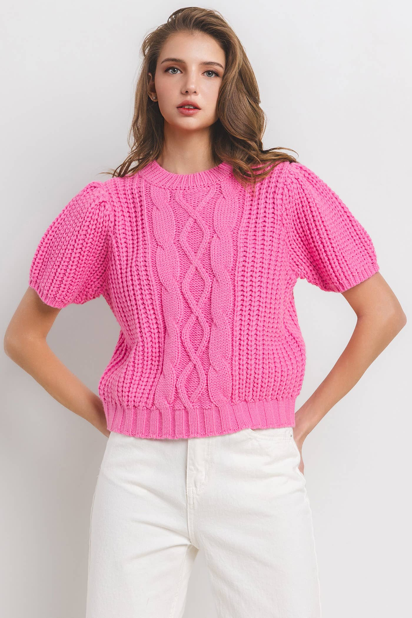 Puff Short Sleeve Cable Sweater Top / TIC13016