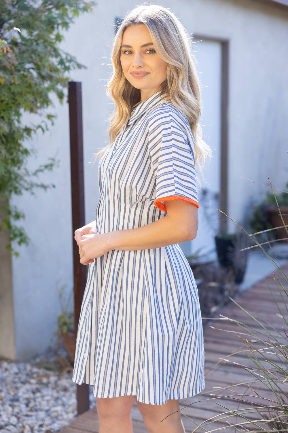 36322 Pleated Waist Striped Mini Flare Shirt Dress