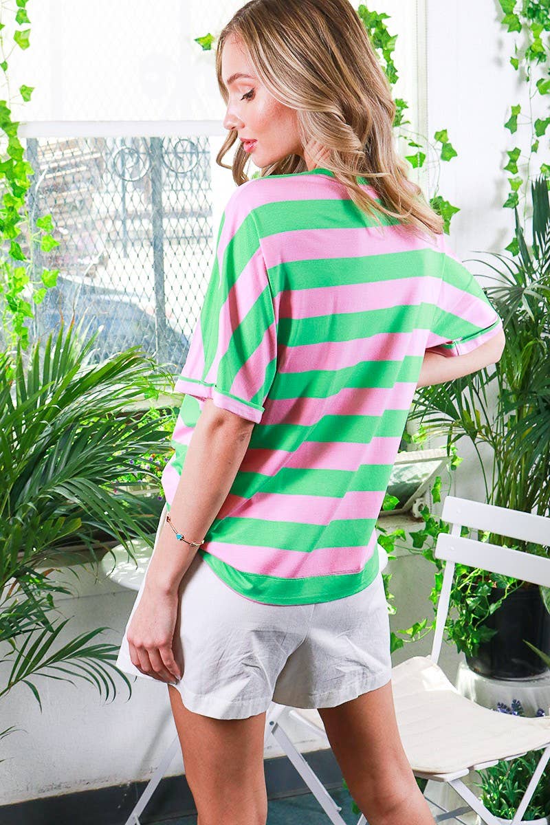 Crew Neck Roll-Up Short-Sleeve Striped Knit Top VT81566A