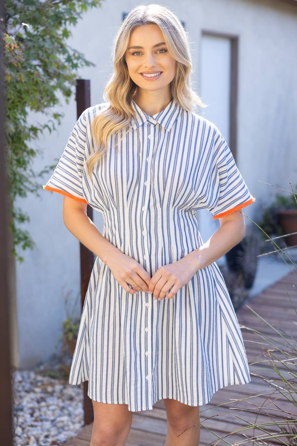 36322 Pleated Waist Striped Mini Flare Shirt Dress