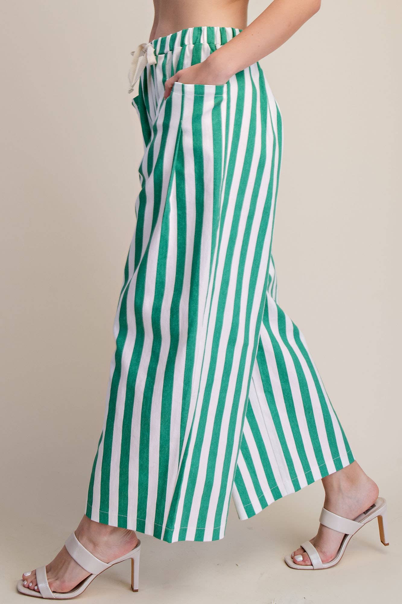 Stripe Wide Pants With Elastic Band Drawstring and Pockets
