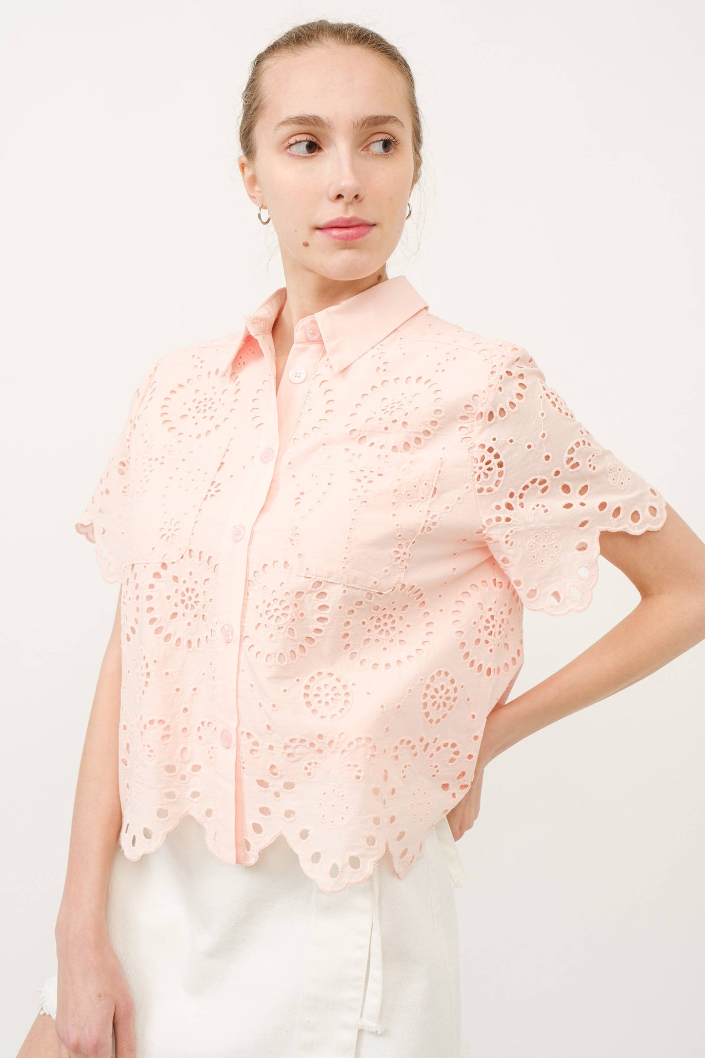 MAT2738 SCALLOP EGDE LACE BUTTON DOWN SHIRTS