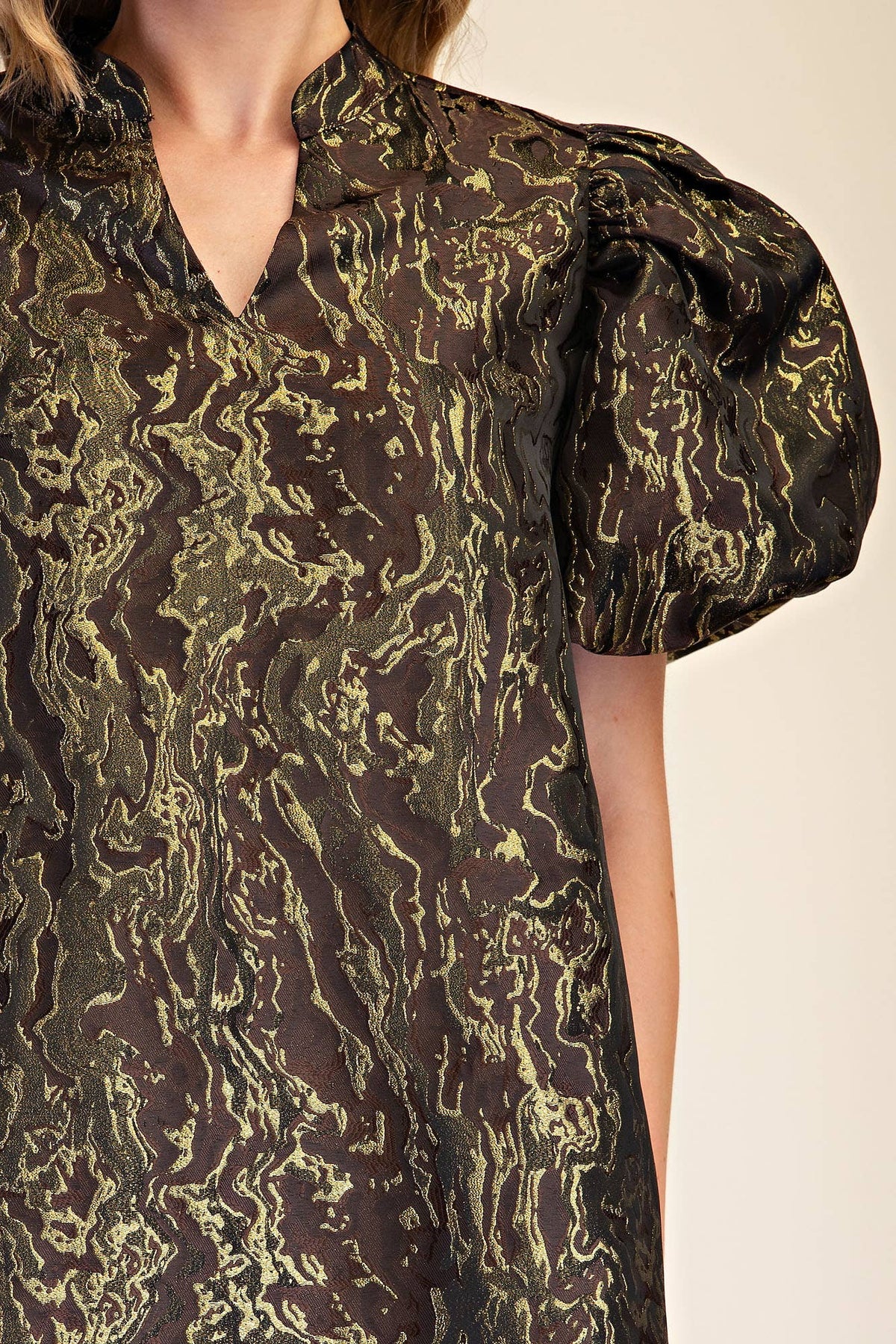 Metallic Jacquard Puff Sleeve Mini Holiday Dress
