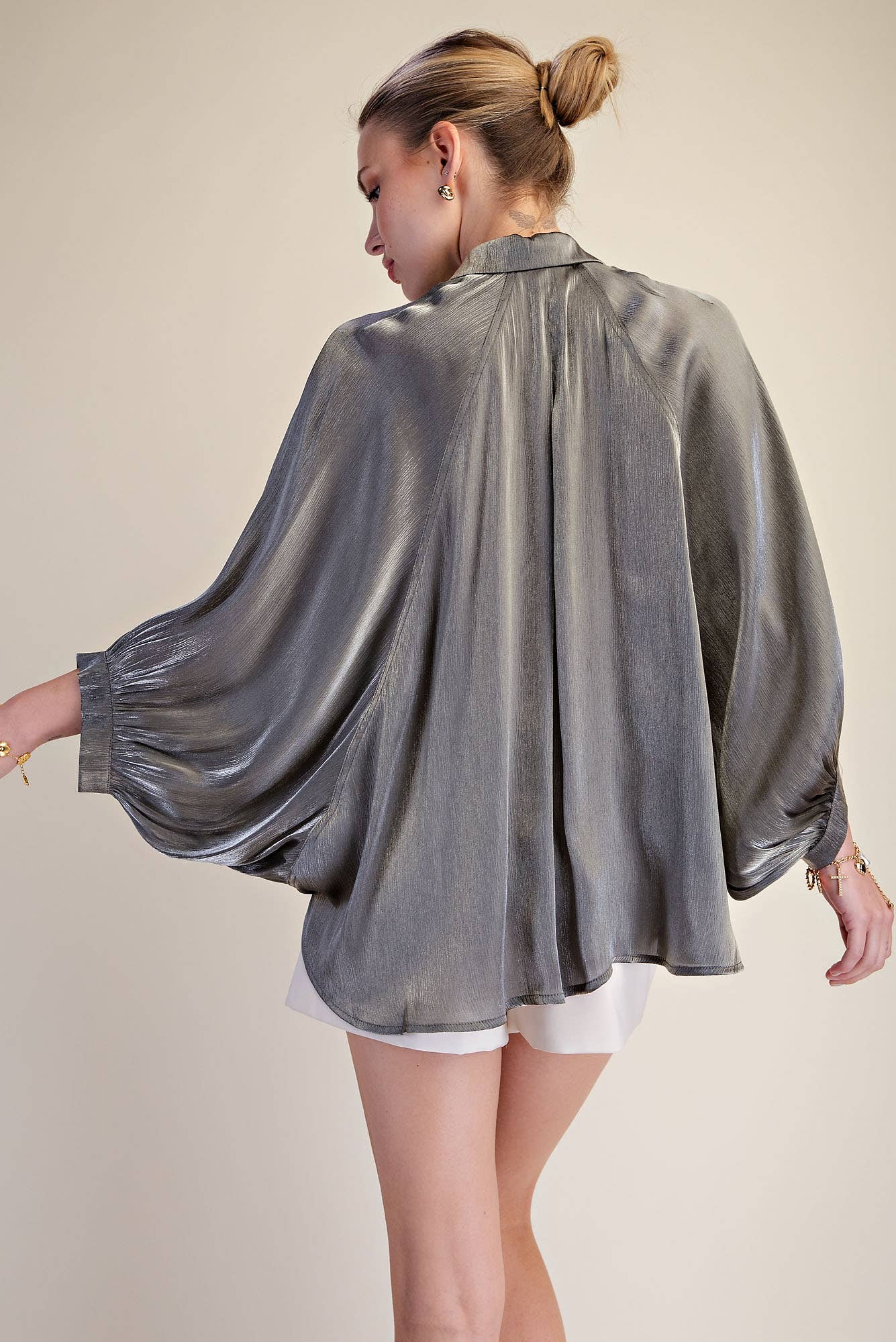 Metallic Oversized Button Down Long Sleeve Shirt Blouse