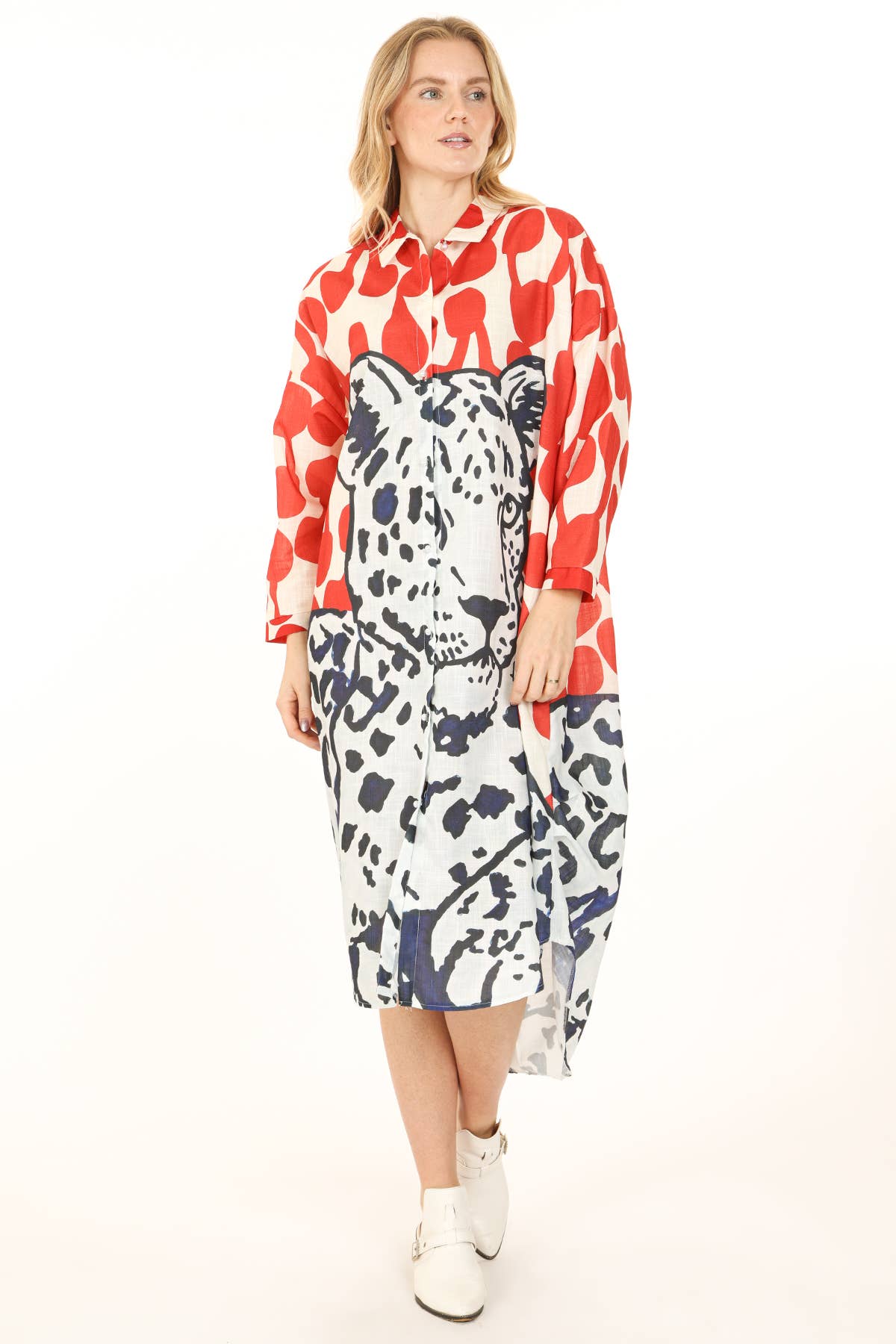 Animal & Abstract Printed Linen Maxi Shirt Dress QC3684