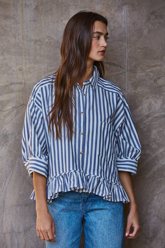 L8665 | Woven Cotton Striped Button Down Shirt Top