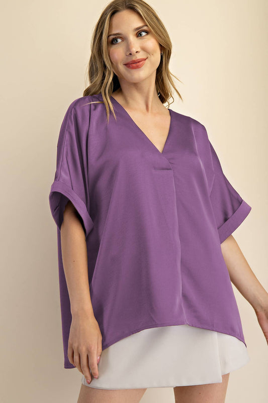 Pull Over Satin Blouse V-neck High Low