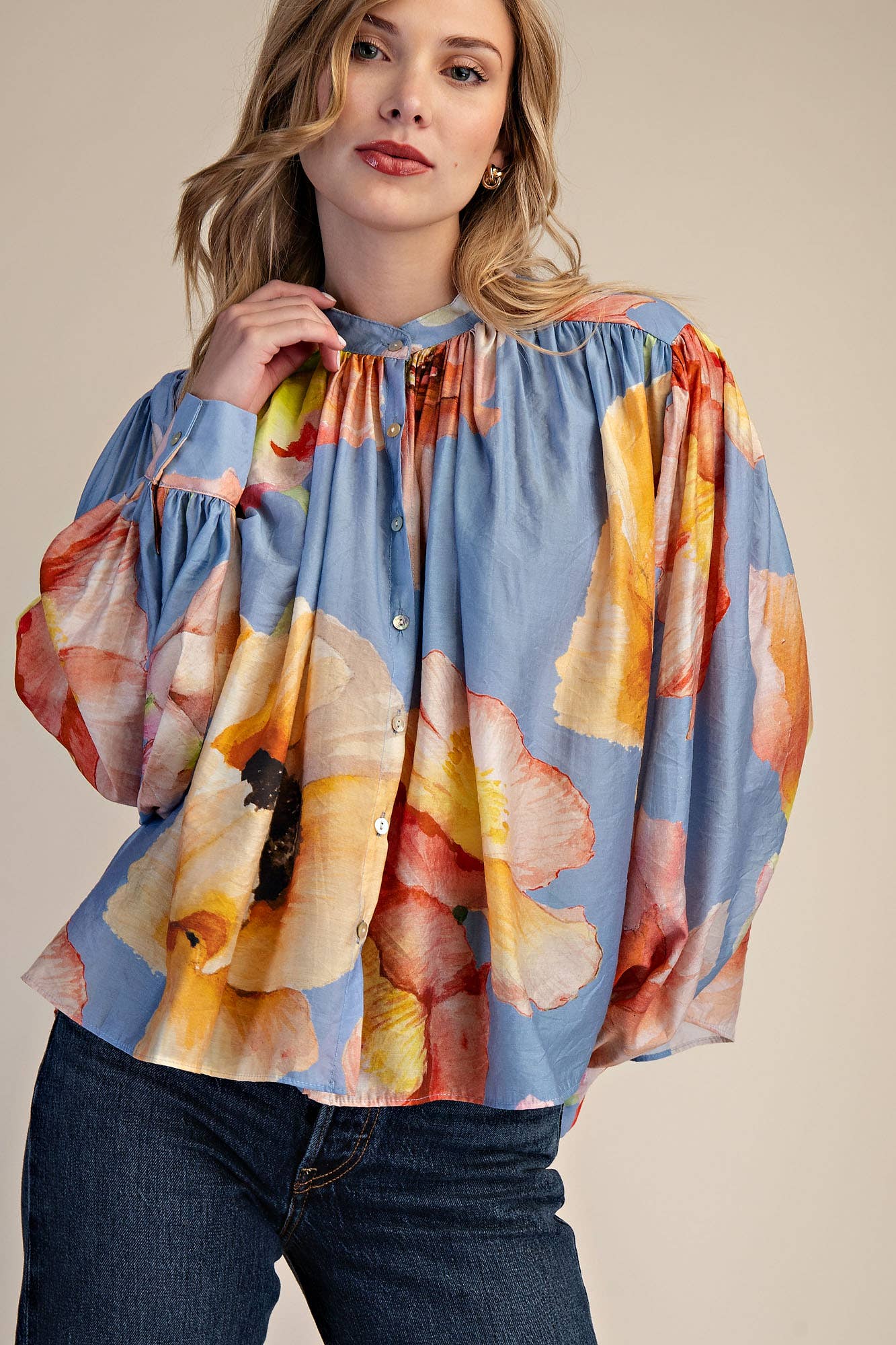 Neck Band Long Sleeve Voluminous Blouse